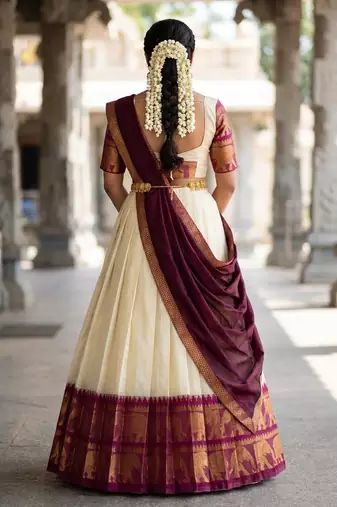 Beautiful South Indian Style Semi-Stitched Half Saree with Blouse and Dupatta for Women