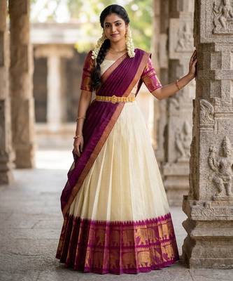 Beautiful South Indian Style Semi-Stitched Half Saree with Blouse and Dupatta for Women 3