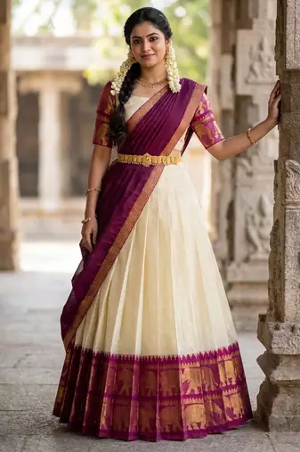 Beautiful South Indian Style Semi-Stitched Half Saree with Blouse and Dupatta for Women