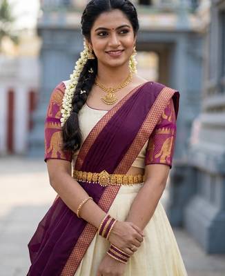 Beautiful South Indian Style Semi-Stitched Half Saree with Blouse and Dupatta for Women 4