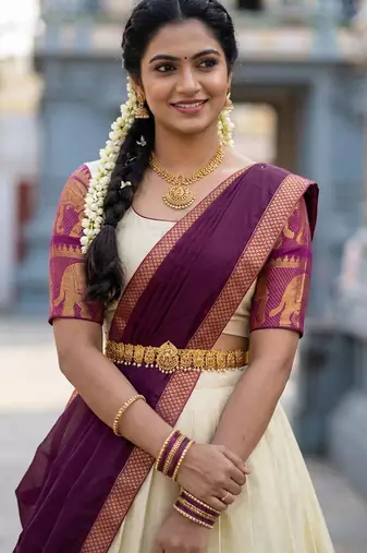 Beautiful South Indian Style Semi-Stitched Half Saree with Blouse and Dupatta for Women