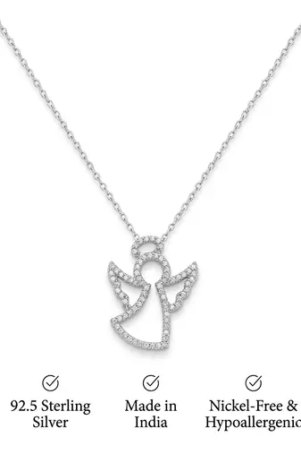 925 Sterling Silver CZ Angel Guardian Pendant Necklace Set for Women
