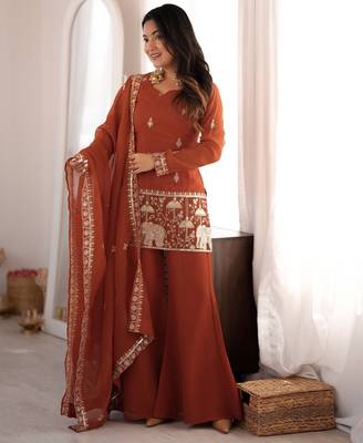 Women ethnic embroidered regular kurta with sharara & with dupatta 1