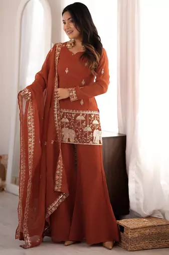 Women ethnic embroidered regular kurta with sharara & with dupatta