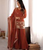Women ethnic embroidered regular kurta with sharara & with dupatta