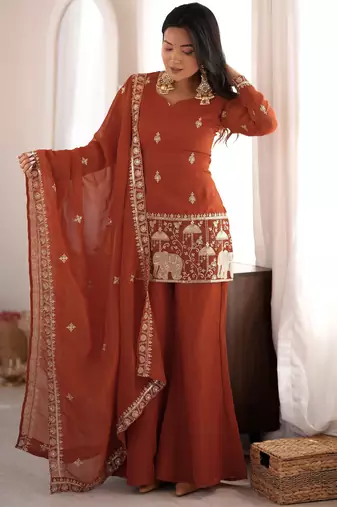 Women ethnic embroidered regular kurta with sharara & with dupatta