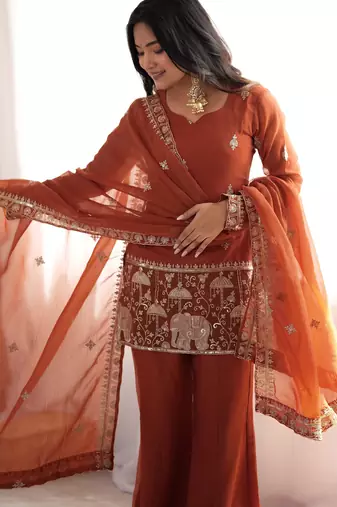 Women ethnic embroidered regular kurta with sharara & with dupatta