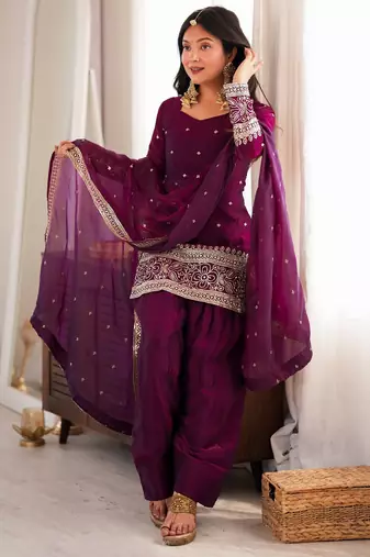 Women ethnic embroidered regular kurta with salwar & dupatta