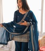 Women ethnic embroidered regular kurta with sharara & with dupatta