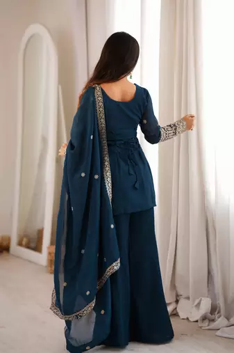 Women ethnic embroidered regular kurta with sharara & with dupatta