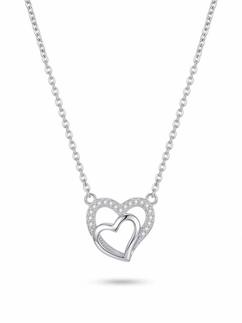 925 Sterling Silver Double Heart Interlocking Pendant Necklace Set for Women