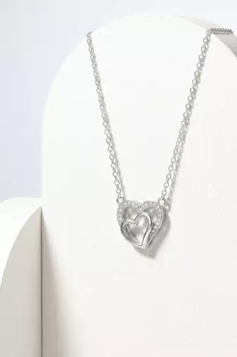 925 Sterling Silver Double Heart Interlocking Pendant Necklace Set for Women