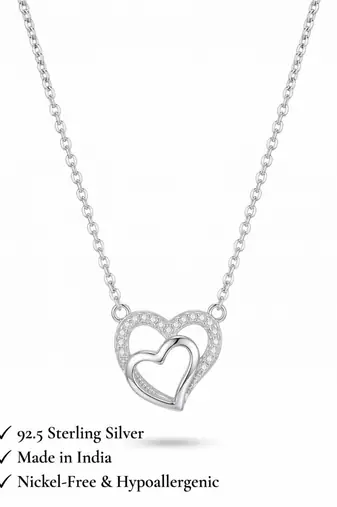 925 Sterling Silver Double Heart Interlocking Pendant Necklace Set for Women