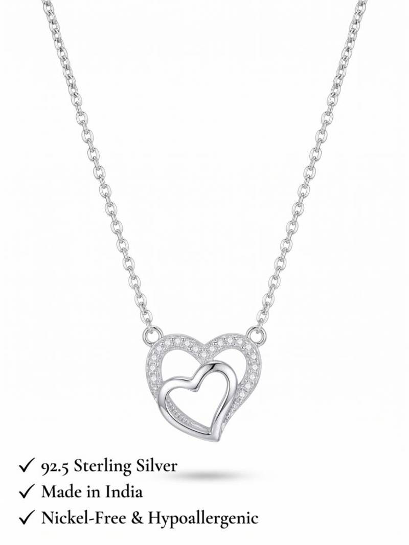 925 Sterling Silver Double Heart Interlocking Pendant Necklace Set for Women