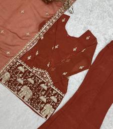 Rust crunchy silk embroidered kurta with bell bottom pants & dupatta set | fully stitched festive wear