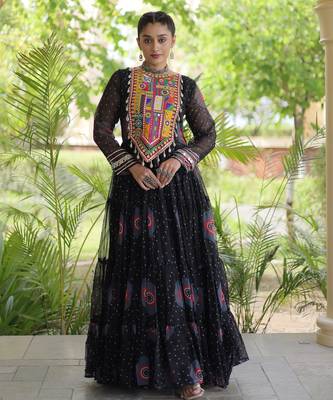 Black faux georgette bandhani print anarkali gown with kutchi patchwork | fully stitched navratri wear 1