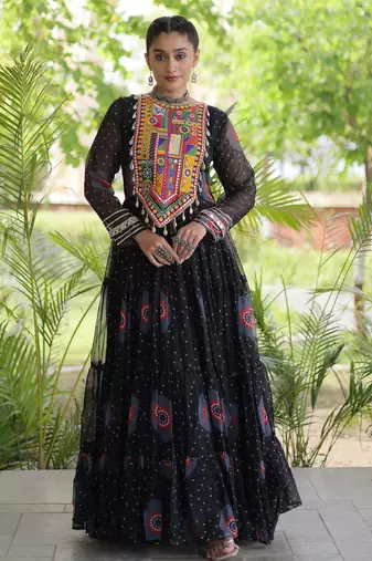 Black faux georgette bandhani print anarkali gown with kutchi patchwork | fully stitched navratri wear
