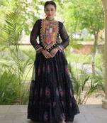 Black faux georgette bandhani print anarkali gown with kutchi patchwork | fully stitched navratri wear