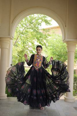 Black faux georgette bandhani print anarkali gown with kutchi patchwork | fully stitched navratri wear 2