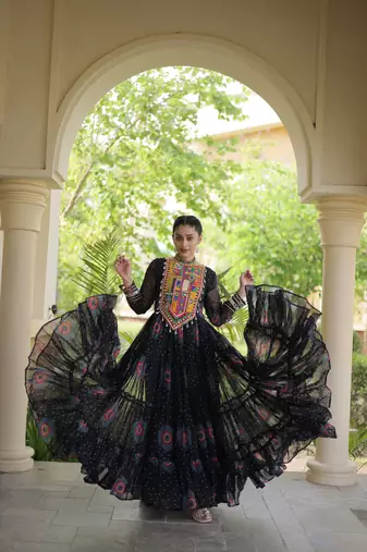 Black faux georgette bandhani print anarkali gown with kutchi patchwork | fully stitched navratri wear