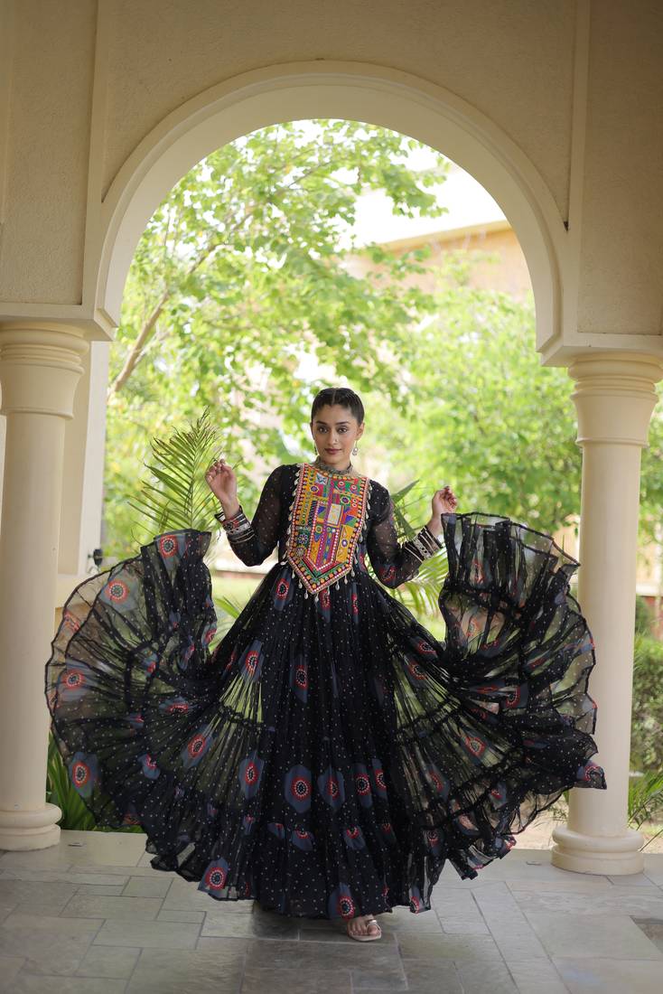 Black faux georgette bandhani print anarkali gown with kutchi patchwork | fully stitched navratri wear
