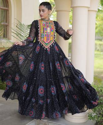 Black faux georgette bandhani print anarkali gown with kutchi patchwork | fully stitched navratri wear 3