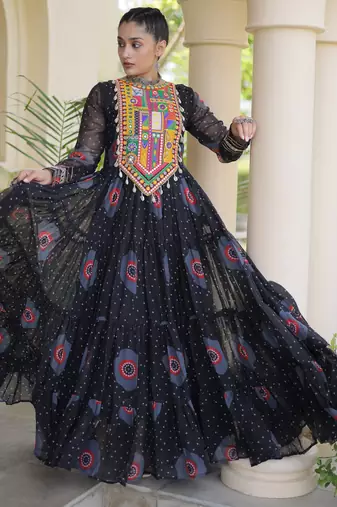 Black faux georgette bandhani print anarkali gown with kutchi patchwork | fully stitched navratri wear