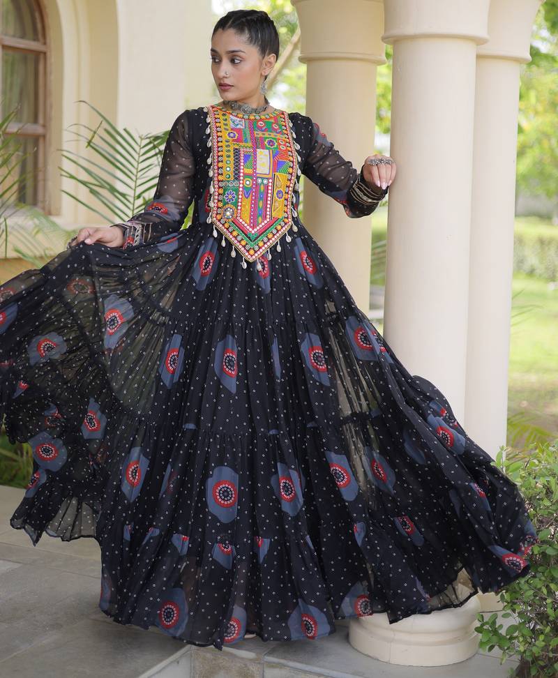Black faux georgette bandhani print anarkali gown with kutchi patchwork | fully stitched navratri wear