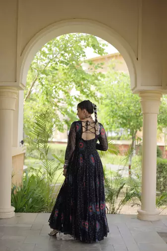 Black faux georgette bandhani print anarkali gown with kutchi patchwork | fully stitched navratri wear