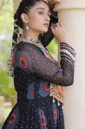 Black faux georgette bandhani print anarkali gown with kutchi patchwork | fully stitched navratri wear