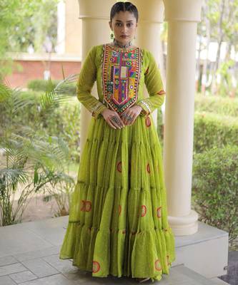 Parrot green faux georgette bandhani print anarkali gown with kutchi patchwork | fully stitched navratri wear 1