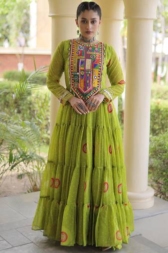Parrot green faux georgette bandhani print anarkali gown with kutchi patchwork | fully stitched navratri wear