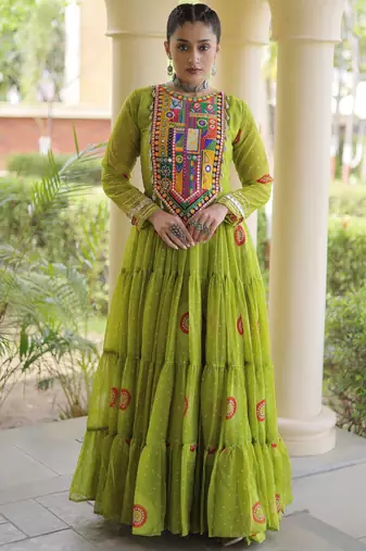 Parrot green faux georgette bandhani print anarkali gown with kutchi patchwork | fully stitched navratri wear
