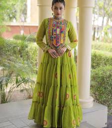 Parrot green faux georgette bandhani print anarkali gown with kutchi patchwork | fully stitched navratri wear