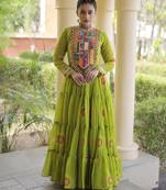 Parrot green faux georgette bandhani print anarkali gown with kutchi patchwork | fully stitched navratri wear