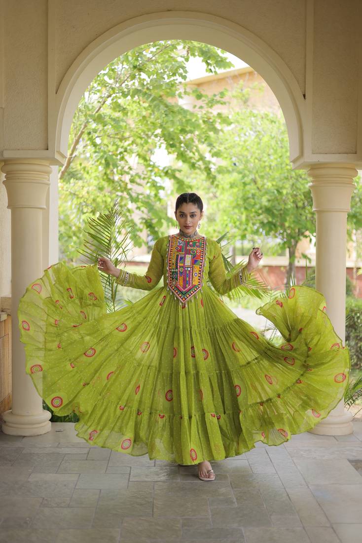Parrot green faux georgette bandhani print anarkali gown with kutchi patchwork | fully stitched navratri wear
