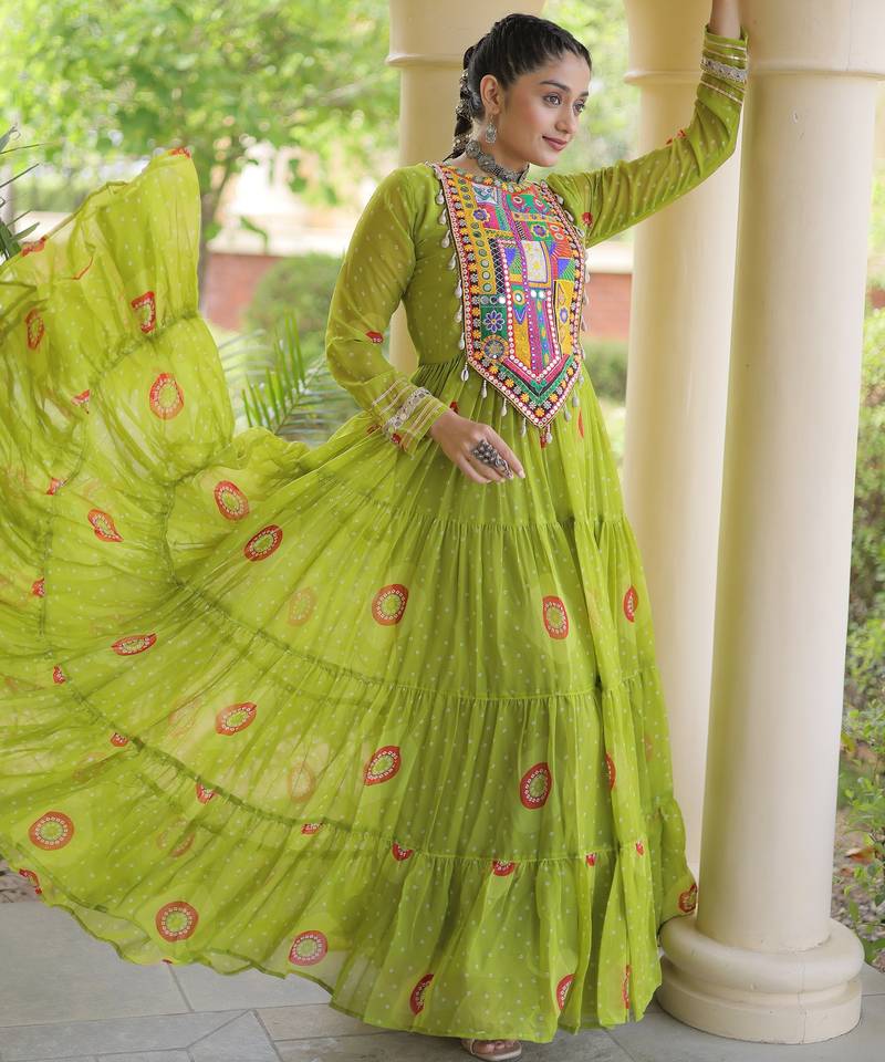 Parrot green faux georgette bandhani print anarkali gown with kutchi patchwork | fully stitched navratri wear