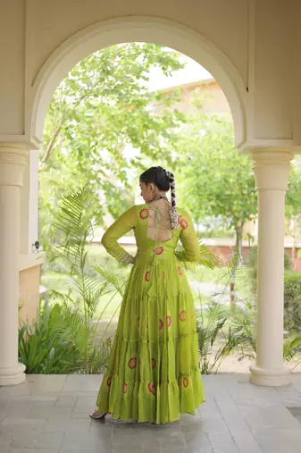 Parrot green faux georgette bandhani print anarkali gown with kutchi patchwork | fully stitched navratri wear