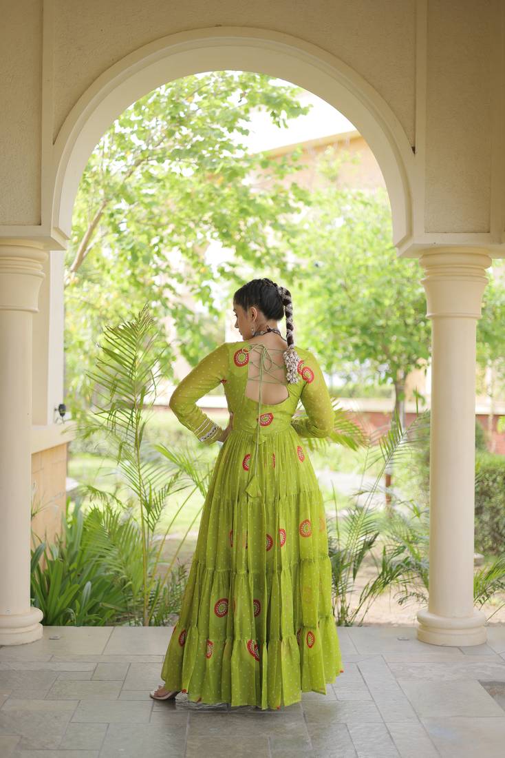 Parrot green faux georgette bandhani print anarkali gown with kutchi patchwork | fully stitched navratri wear