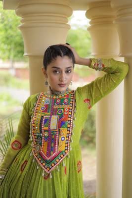 Parrot green faux georgette bandhani print anarkali gown with kutchi patchwork | fully stitched navratri wear 5