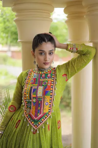 Parrot green faux georgette bandhani print anarkali gown with kutchi patchwork | fully stitched navratri wear