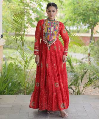 Red faux georgette bandhani print anarkali gown with kutchi patchwork | fully stitched navratri wear 1