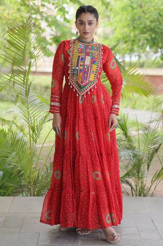 Red faux georgette bandhani print anarkali gown with kutchi patchwork | fully stitched navratri wear