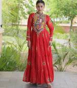 Red faux georgette bandhani print anarkali gown with kutchi patchwork | fully stitched navratri wear