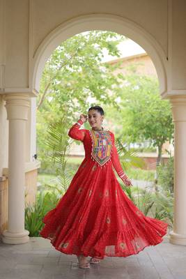 Red faux georgette bandhani print anarkali gown with kutchi patchwork | fully stitched navratri wear 2