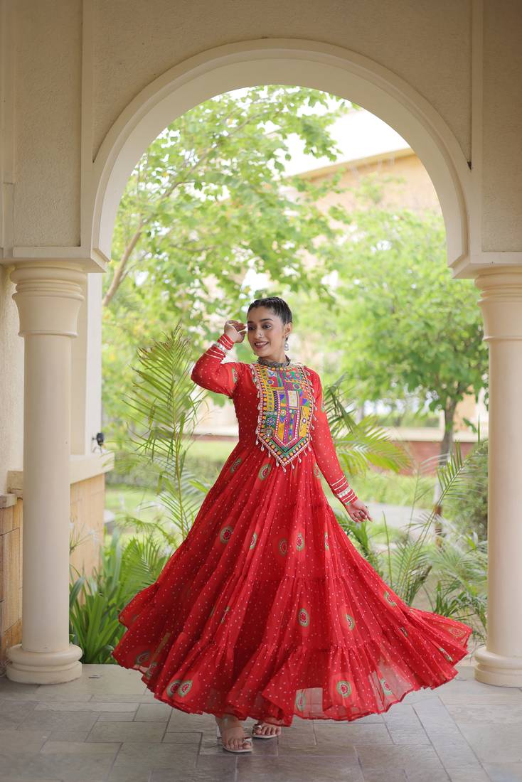 Red faux georgette bandhani print anarkali gown with kutchi patchwork | fully stitched navratri wear