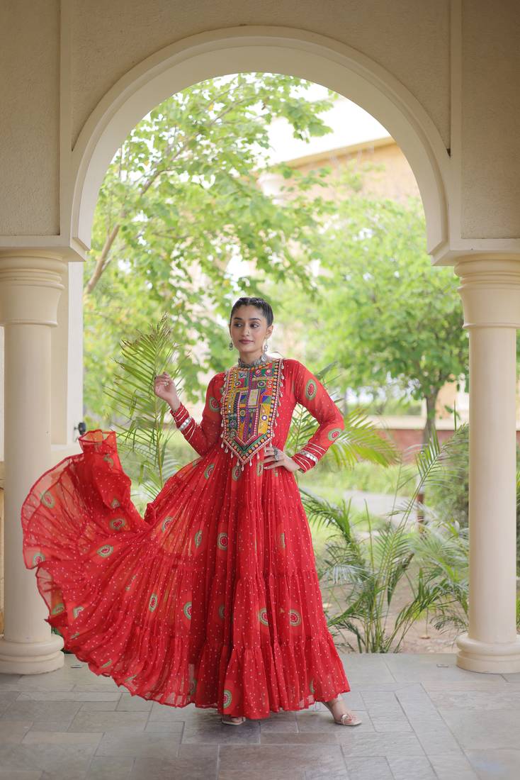 Red faux georgette bandhani print anarkali gown with kutchi patchwork | fully stitched navratri wear