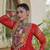 Red faux georgette bandhani print anarkali gown with kutchi patchwork | fully stitched navratri wear