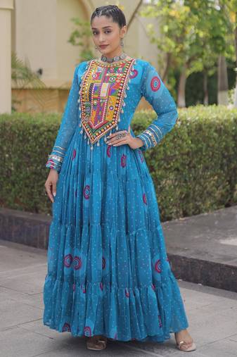sky blue faux georgette bandhani print anarkali gown with kutchi patchwork | fully stitched navratri wear