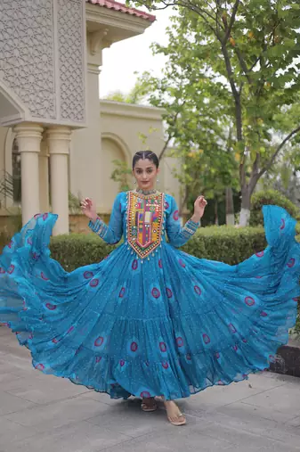 sky blue faux georgette bandhani print anarkali gown with kutchi patchwork | fully stitched navratri wear